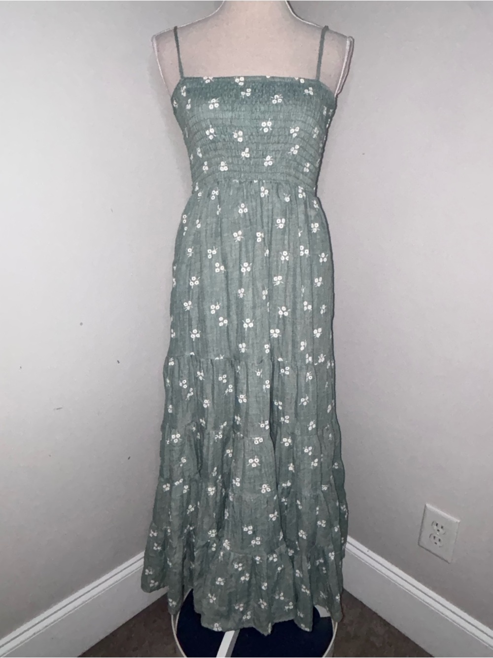 Altar’d State sage green embroidered eyelet smocked tiered maxi dress size XS